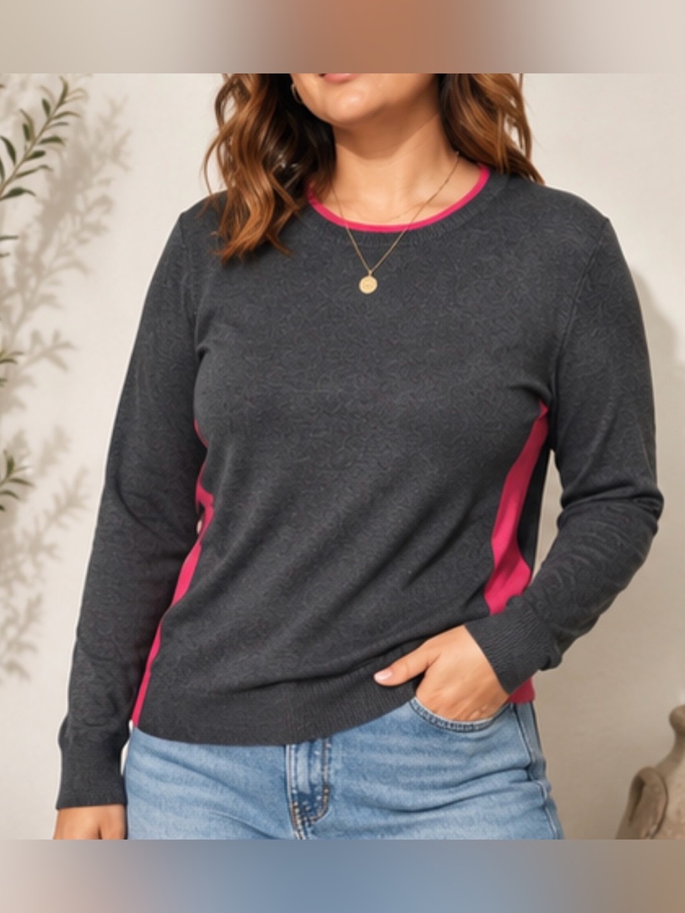 Vertical Design Women's Charcoal Gray Pink Colorblock Crewneck Sweater NWT XL